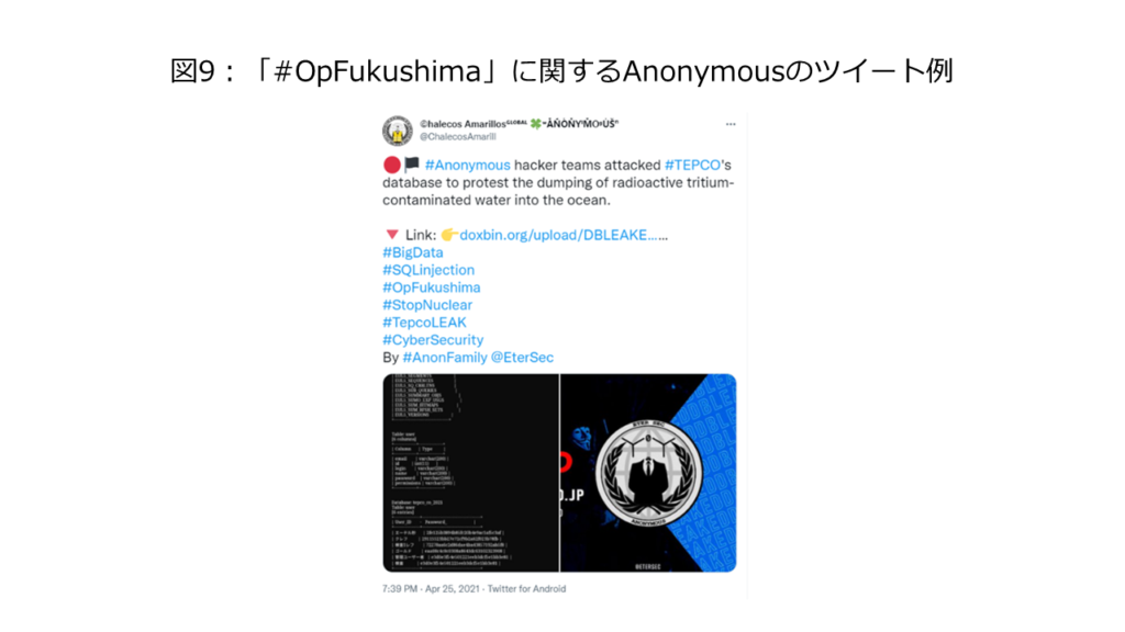 図9：「#OpFukushima」に関するAnonymousのツイート例